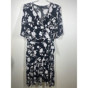 Lane Bryant Size 16‎ Black White Floral Faux Wrap Midi Dress With Ruffle Brunch